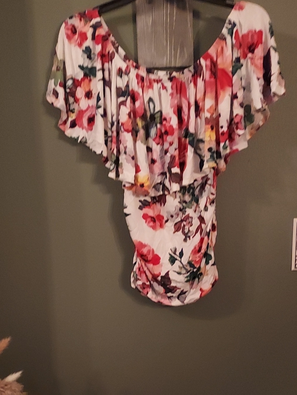 VENUS White Off-Shoulder Floral Ruffle Top with Coral & Green Accents